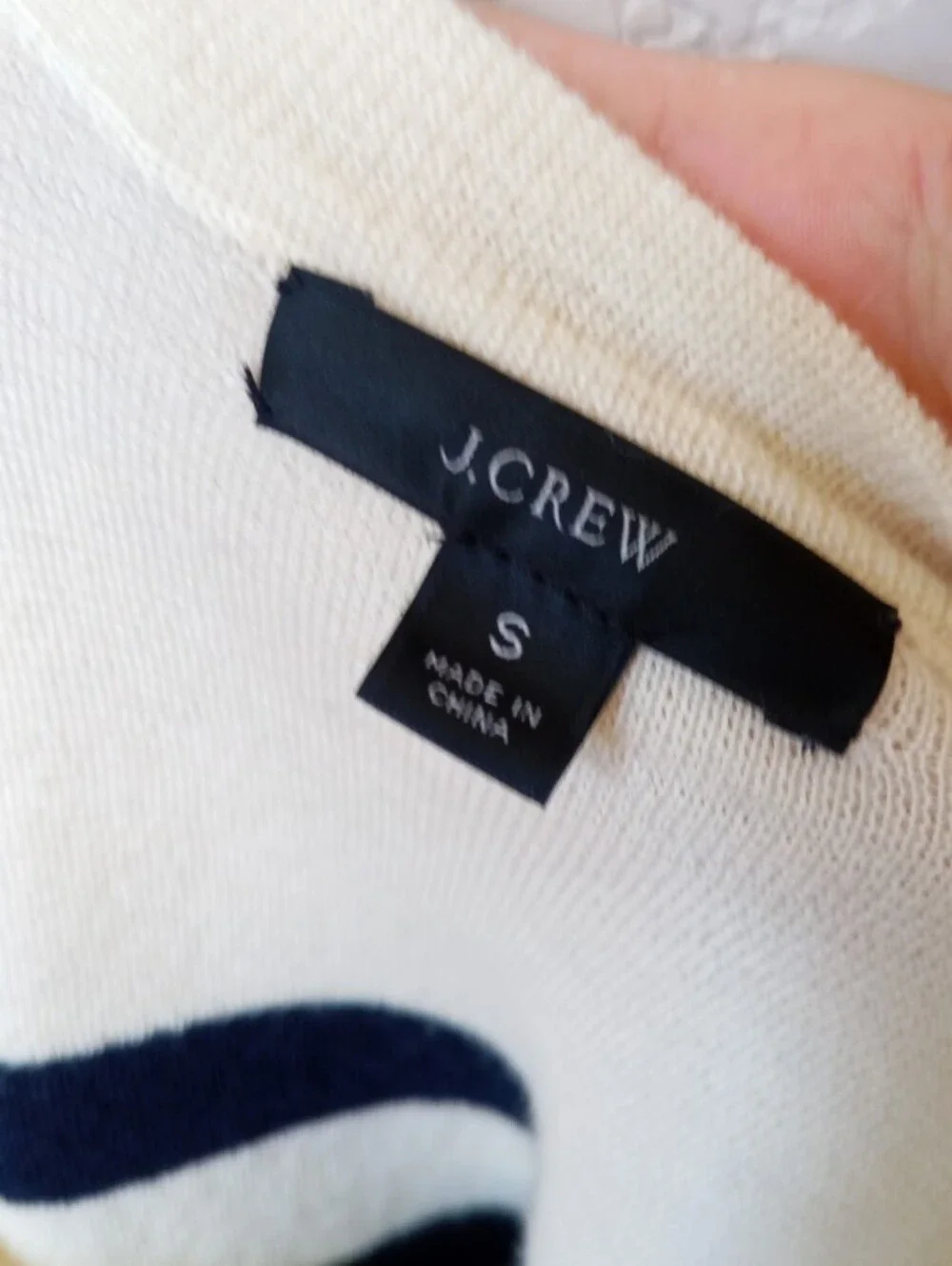 🤍 J. Crew cream and navy blue striped 100% merino wool crewneck sweater